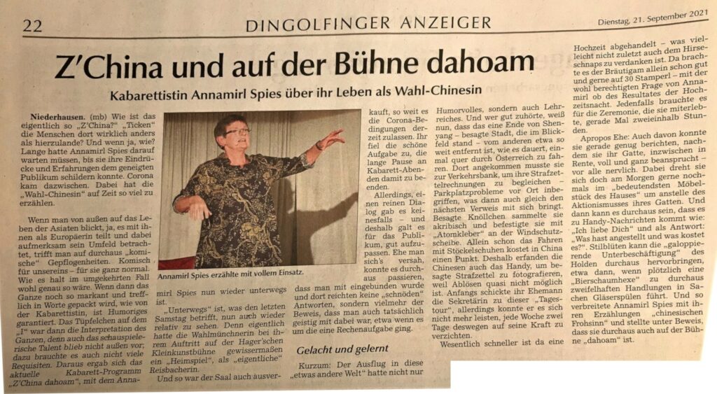 Dingolfinger Anzeiger, 21. September 2021 – Seite 22 - Monika Bergbauer: Z'China und auf der Bühne dahoam